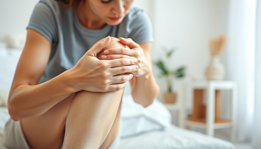 Person applying relief for leg pain holding knee gently.