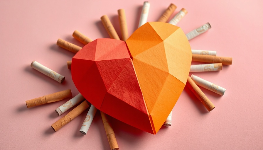 Creative depiction of heart surrounded by cigarettes highlighting nicotine's impact on health.