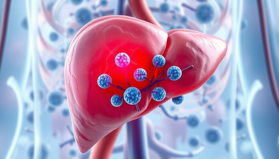 Illustration depicting liver cancer highlighting cancer cells and anatomy.