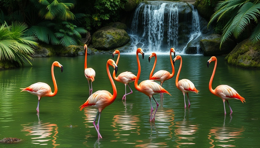 Flamingos by a pond at Crocworld, showcasing serene nature.