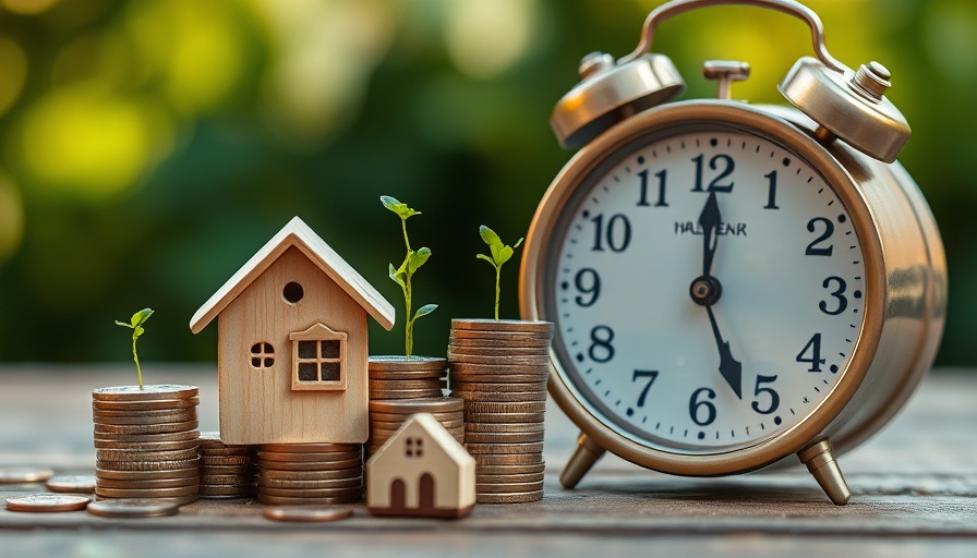 Investment growth concept with clock and coins depicting property market trends.