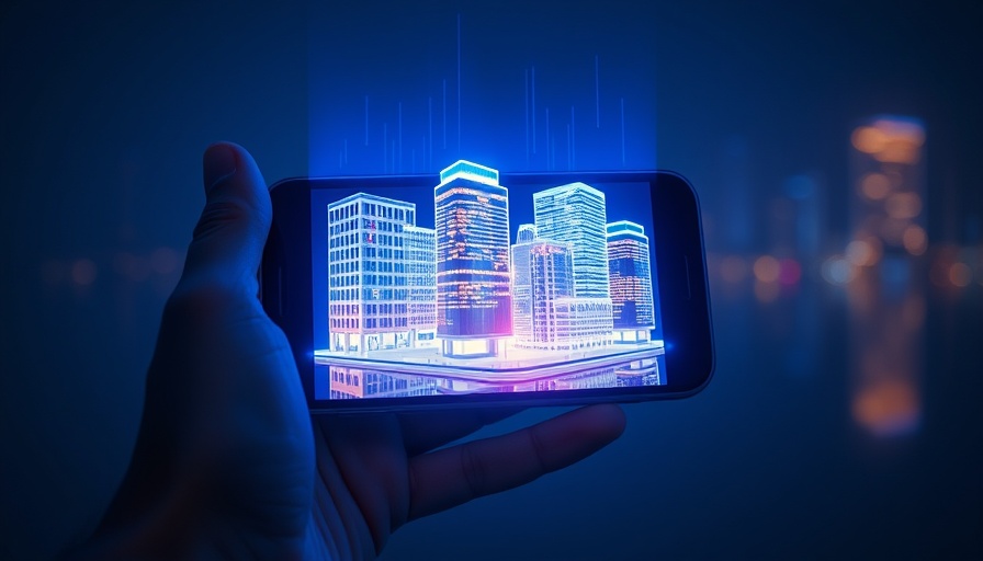 Futuristic property investment technology concept with holographic buildings.