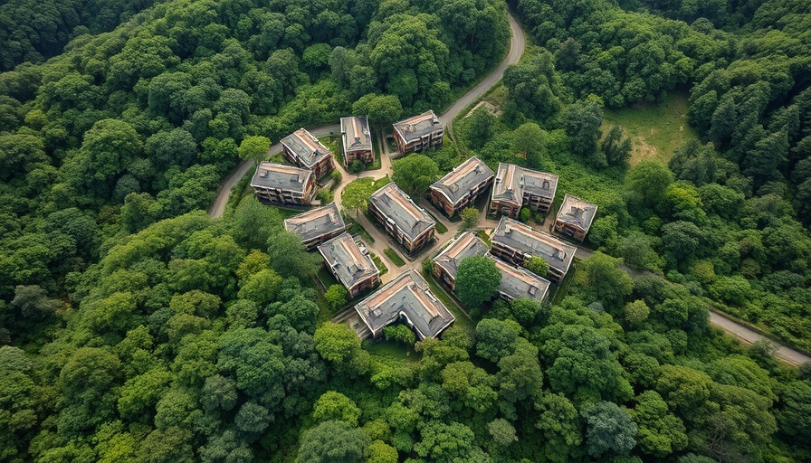 Aerial view of sustainable housing development in a green forest.