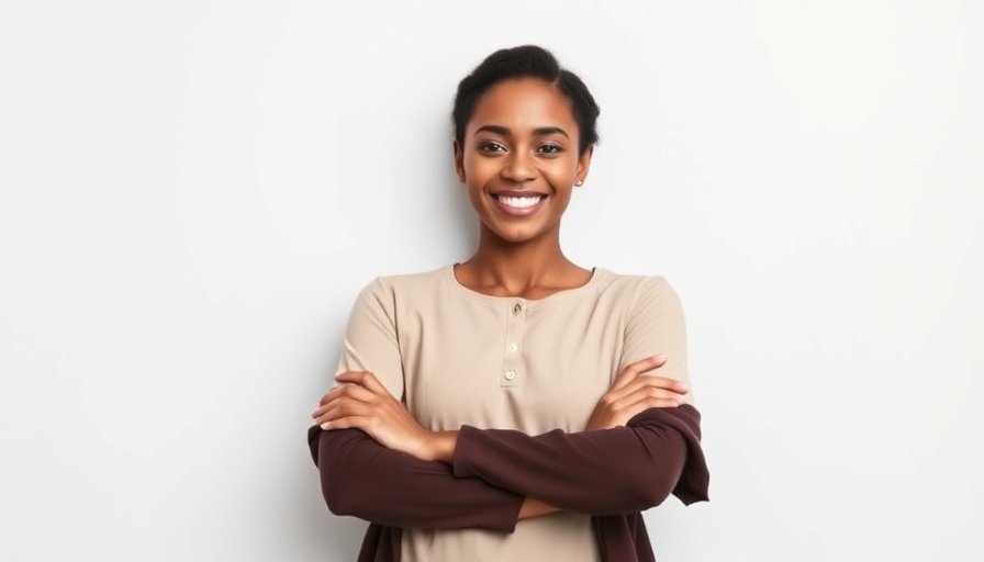 Confident young woman smiling with arms crossed, standing against a plain background.