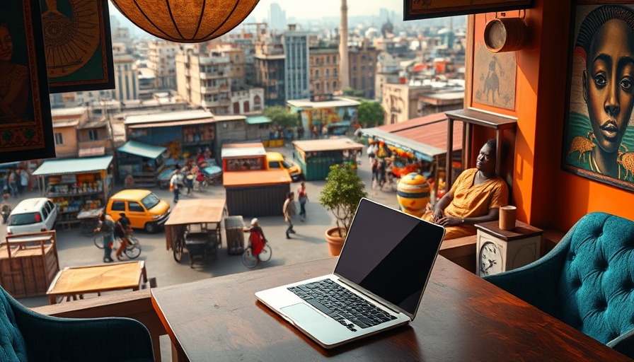 Room with African decor overlooking city, laptop showing press release.