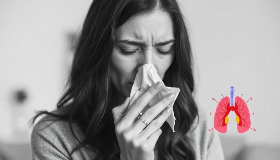 Monochrome image of woman with sinus relief illustration, tissue in hand