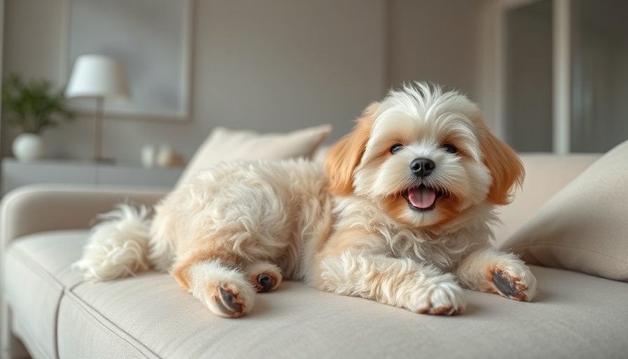 Fluffy dog playfully lounging on stain-resistant couch.