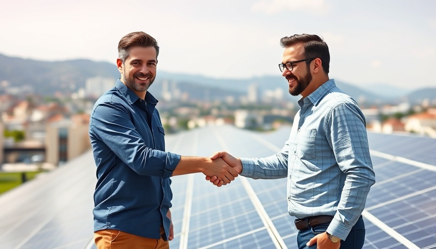 Renewable energy leaders in South Africa shaking hands over solar panels.