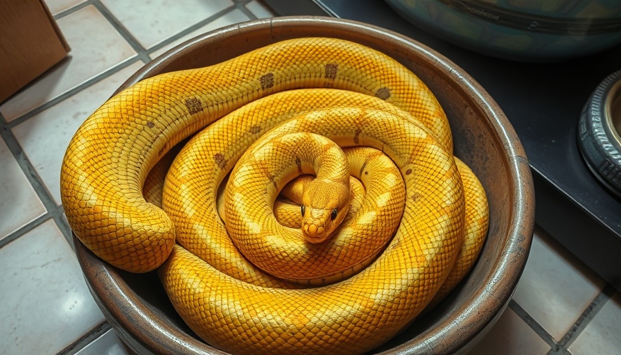 Coiled yellow anacondas in ceramic bowl, breeding program example.