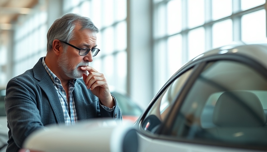 Man inspecting car in dealership - what to look for when buying a used car.