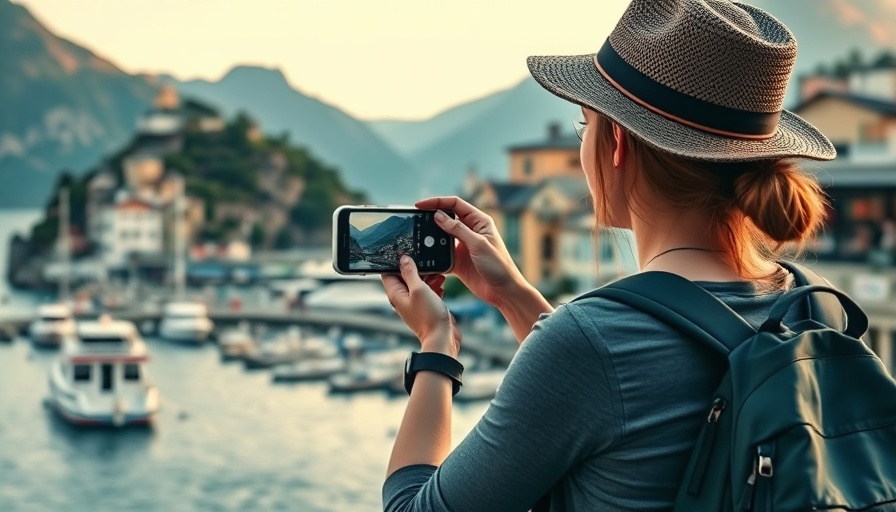 Young woman taking photo in scenic coastal town setting, SEO benefit to image geolocation data.