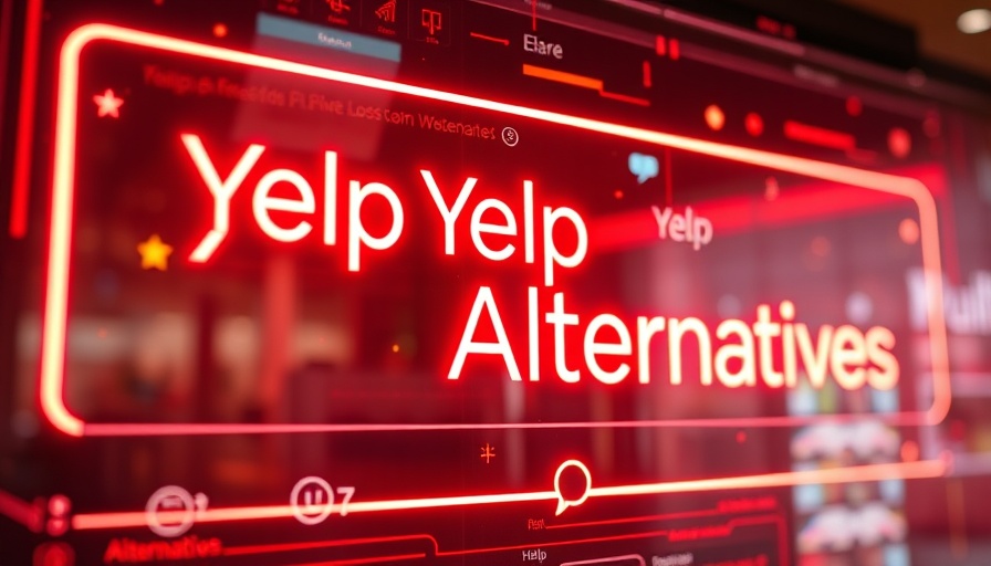 Futuristic digital interface displaying Yelp alternatives in neon light.