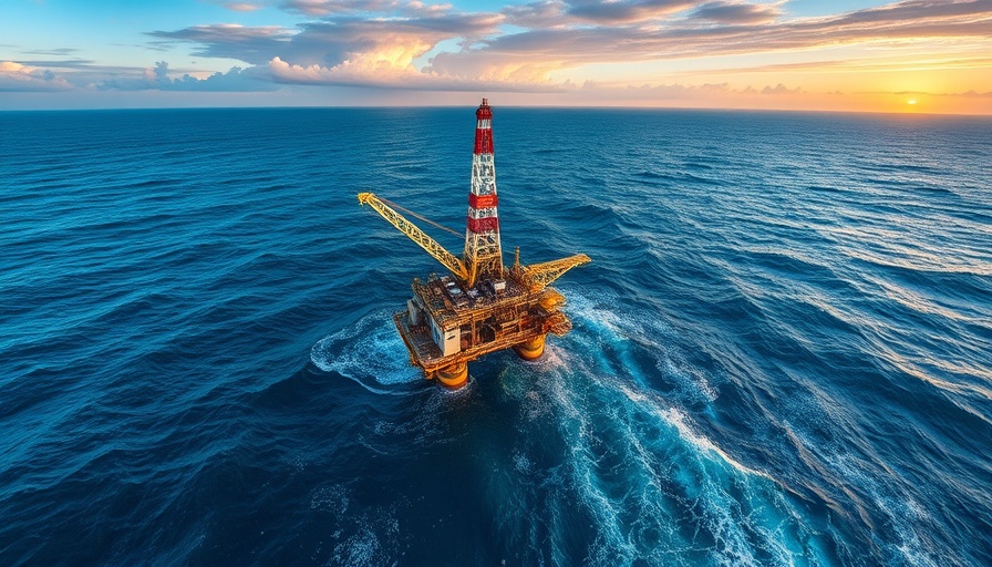 Oil rig in Southern Africa with ocean and vibrant sky.