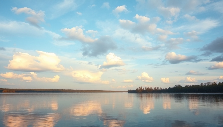 Calm lakeside landscape with reflecting clouds, pastel hues.