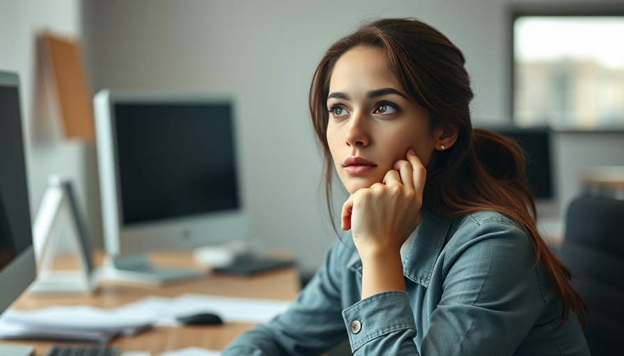 Thoughtful woman reflecting on unplanned downtime in an office setting.