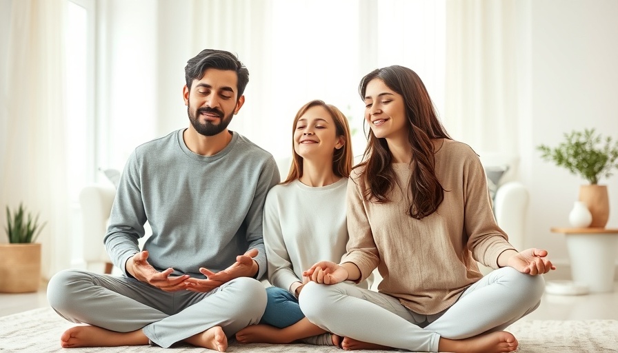 Family meditation benefits in a serene living room.