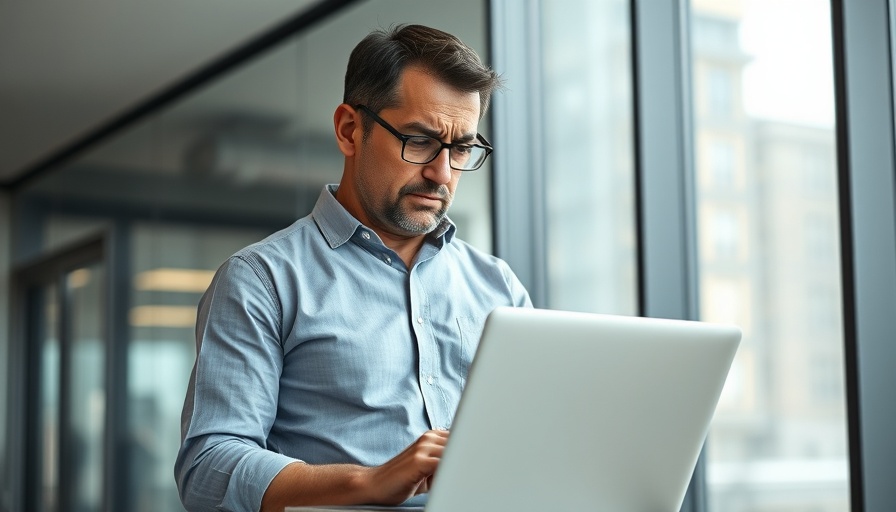 Stressed middle-aged man with laptop in office, Founder Mode