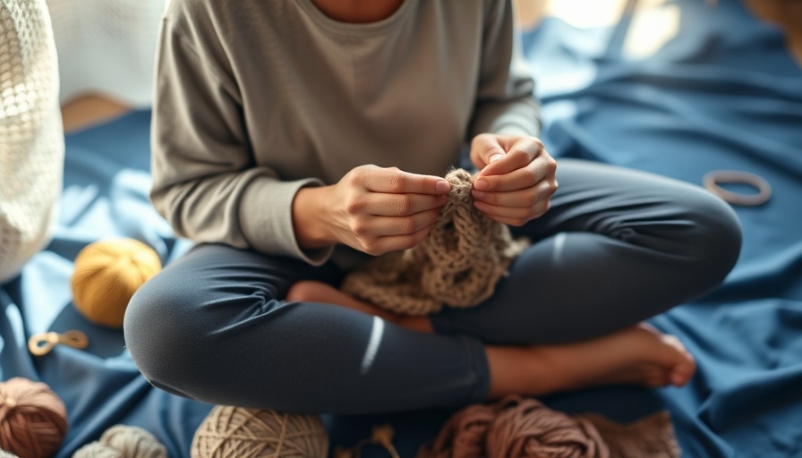 Practicing anxiety management through mindfulness by crocheting, calming activity surrounded by soft light.