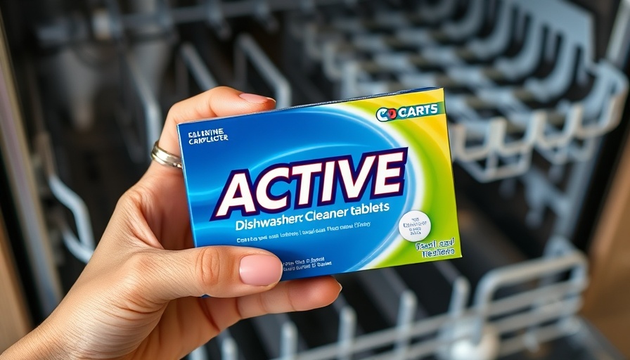 Hand holding ACTIVE Dishwasher Cleaner Tablets box in open dishwasher.