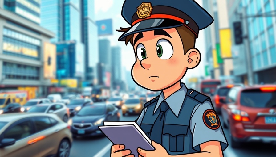 Cartoon police officer considers police accountability in city.