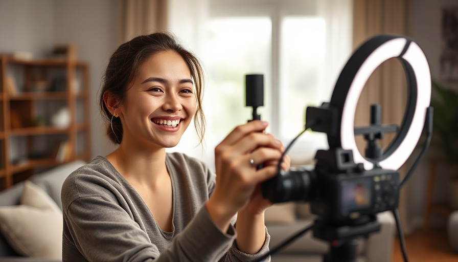 Woman using ring light to create user-generated content in modern living room.