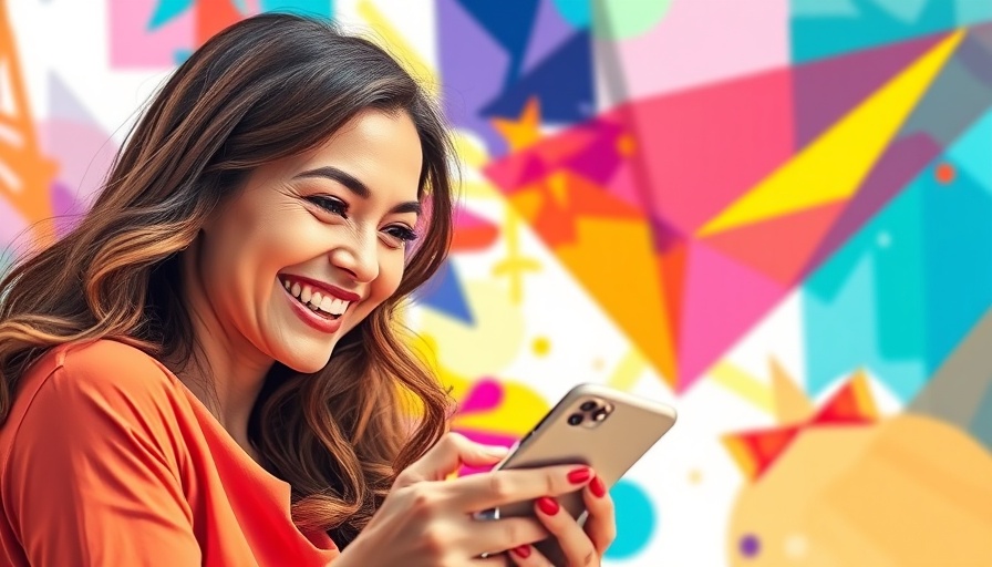 Smiling woman engaging with smartphone amidst colorful background, landing page optimization strategies concept.