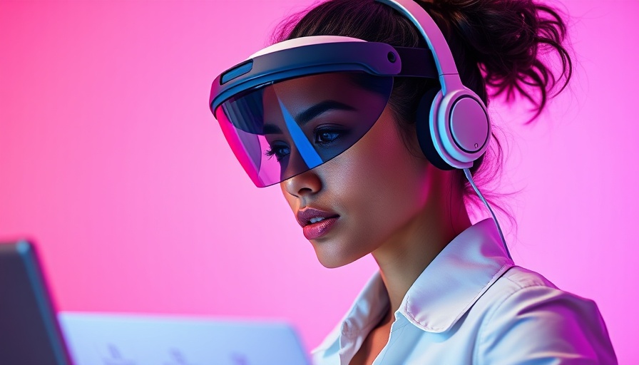 Stylish young woman using futuristic visor for AI tasking, vibrant setting.