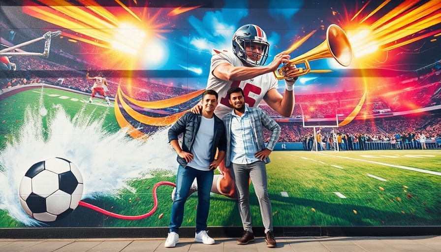 Vibrant Marshall Faulk mural in New Orleans with two people posing.