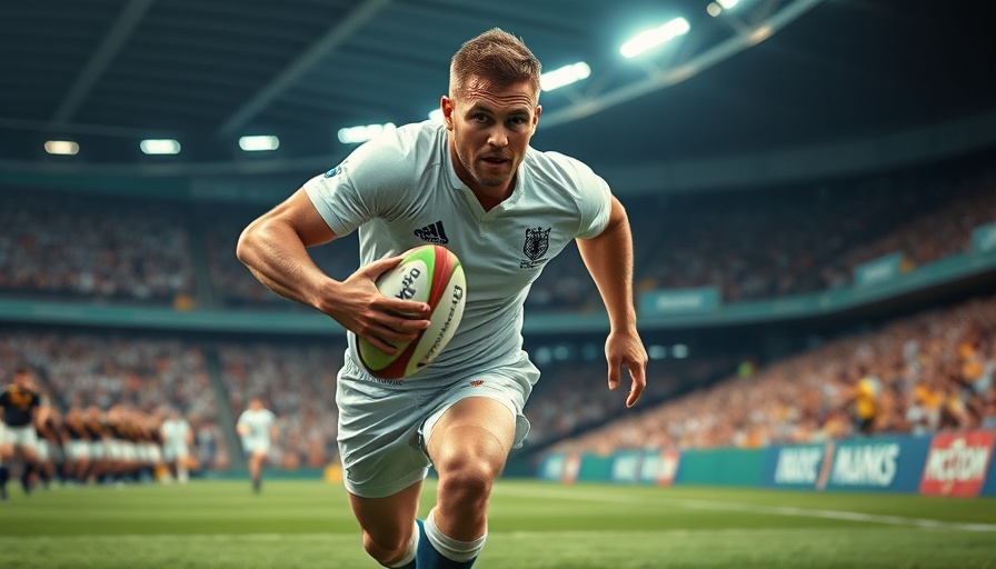 Rugby player sprints with determination in a stadium.