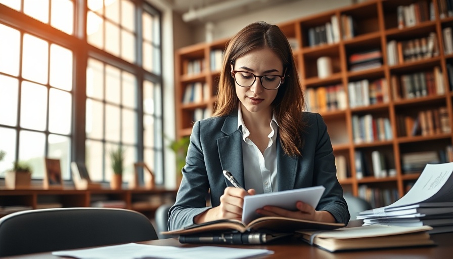 Motivated businesswoman in office, focused on writing, represents coaching mindset.