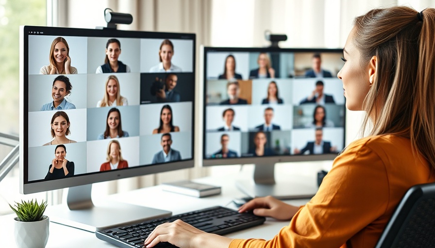 Confident professional woman in online meeting, dual monitors setup.