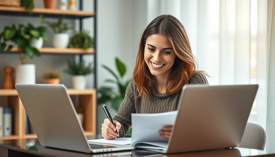 Cheerful woman working on brand identity at home office.