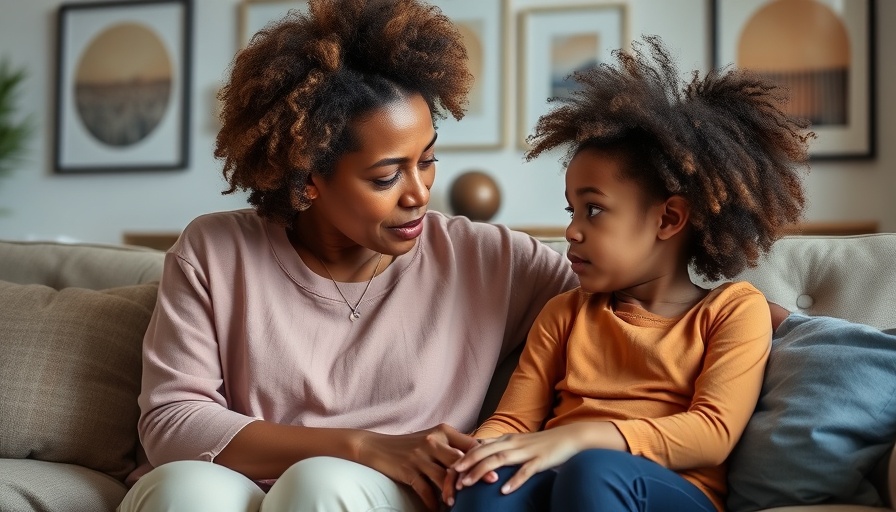 Concerned mother and thoughtful girl on couch in living room, personal branding