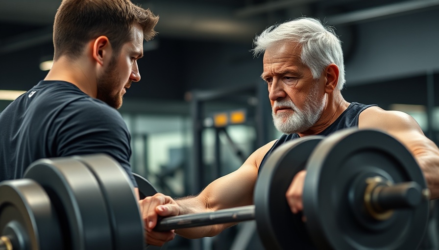 Older man staying physically fit and strong after 50 with trainer in gym.