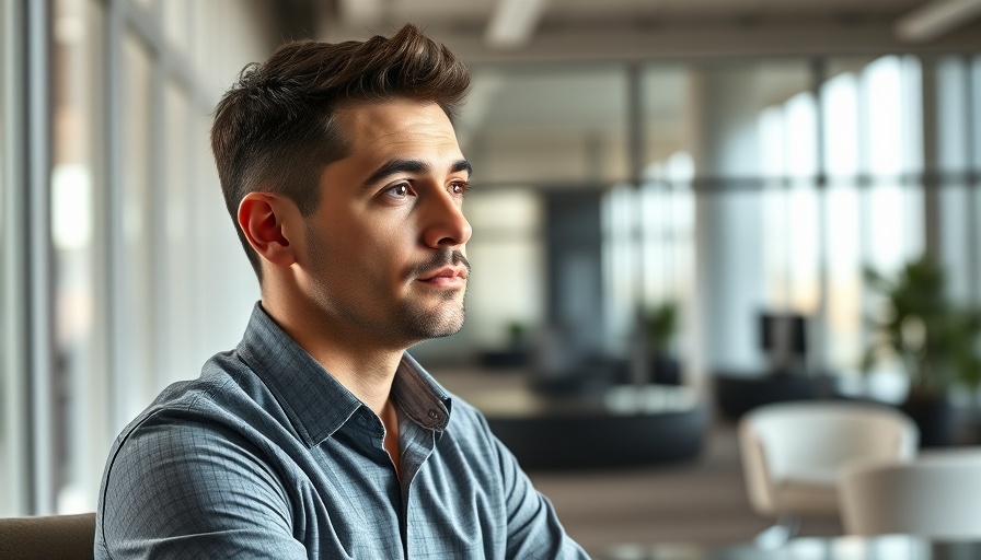 Thoughtful man strategizing in a modern office setting.