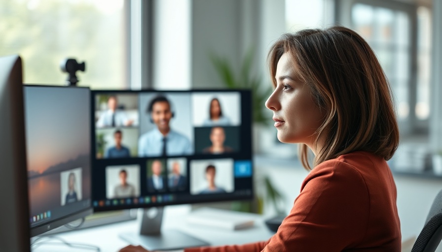 Confident professional in an online meeting with multiple participants on dual screens.