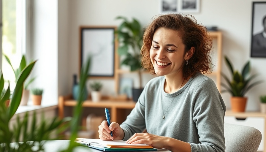 Woman brainstorming brand identity ideas at desk.