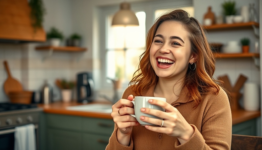 Joyful woman embracing mindset shifts to reduce stress with coffee.