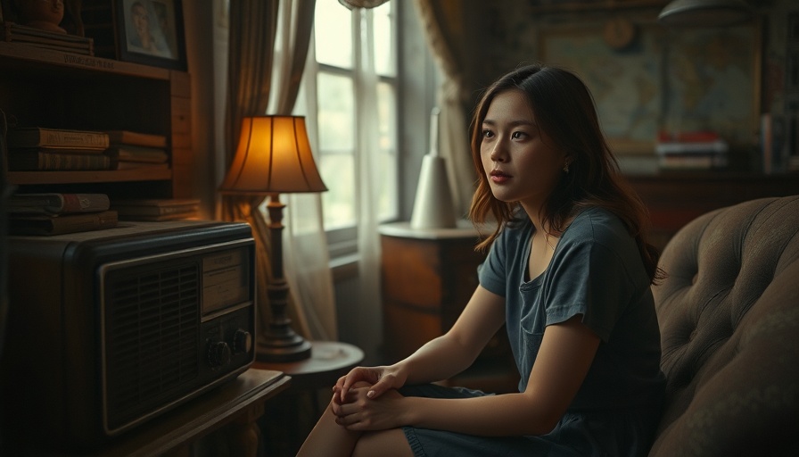 Nostalgic young woman pondering beside an old radio in dimly lit room.