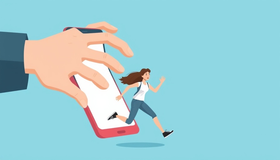 Conceptual illustration of internet abuse and PTSD, woman fleeing from phone.