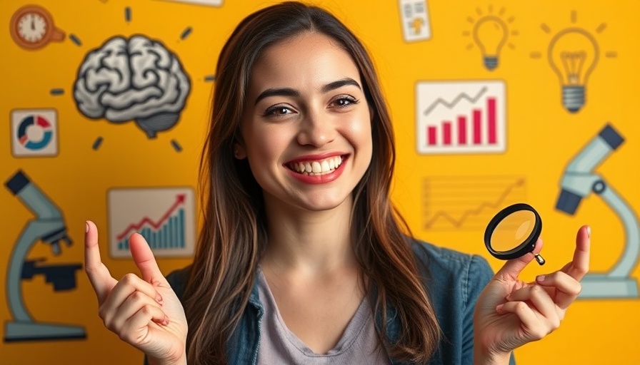 Smiling woman discusses behavioral data in search optimization, educational icons in background.