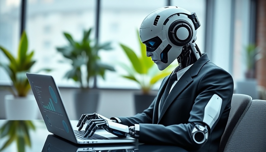 Futuristic human-like robot working on a laptop in a modern office, representing generative AI transforming businesses.