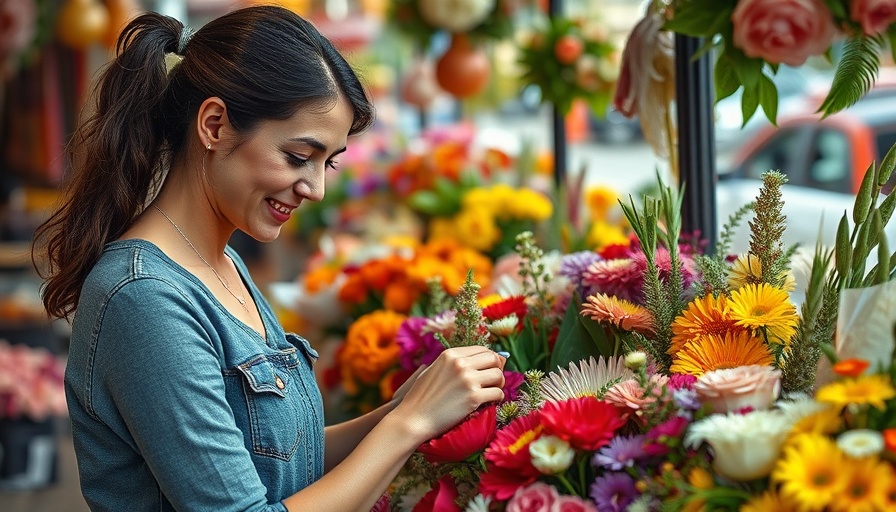 Ukrainian refugee arranging flowers at a French market