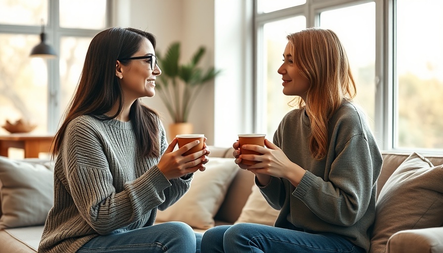 Two women discussing communication skills topics on a cozy couch.