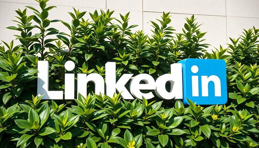 LinkedIn logo sign surrounded by green plants, daytime photorealistic.