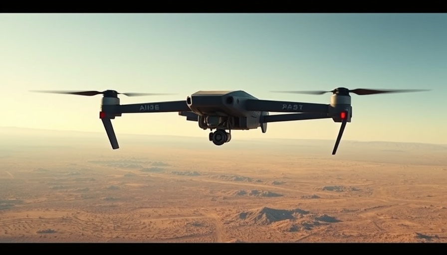 Drone flying above desert landscape, aerial view.