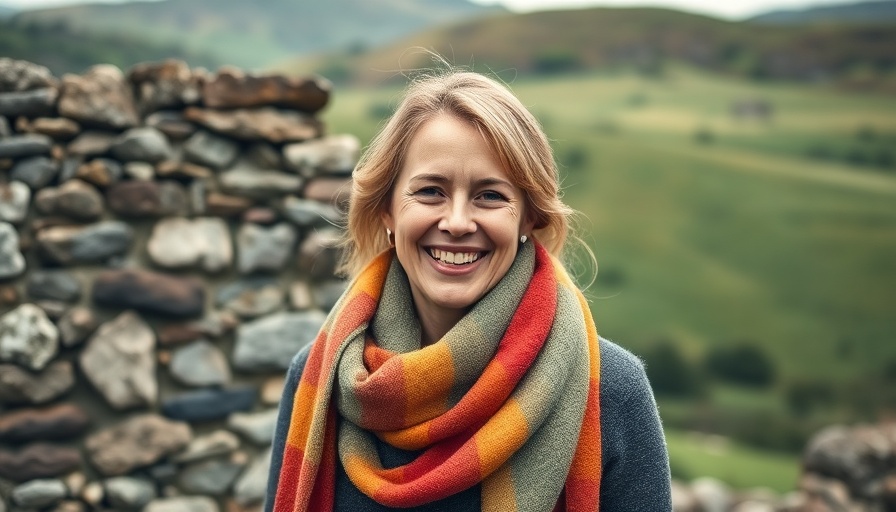 Sober goals inspiration, positive woman with vibrant scarf outdoors.