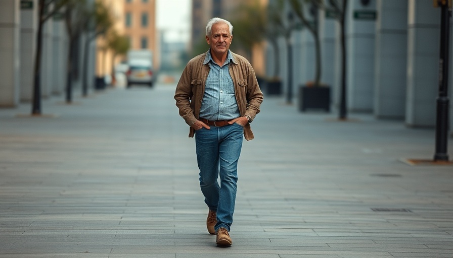 Older man walking casually in a paved area.