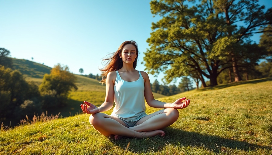 Mindful meditation for anxiety management, serene outdoor setting.