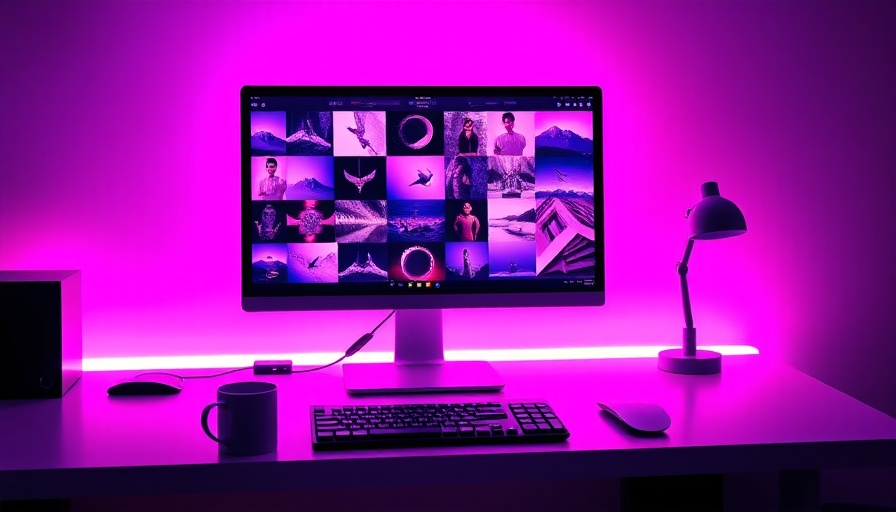 Modern workspace setup with glowing technology in neon lights, highlighting relationship with technology.